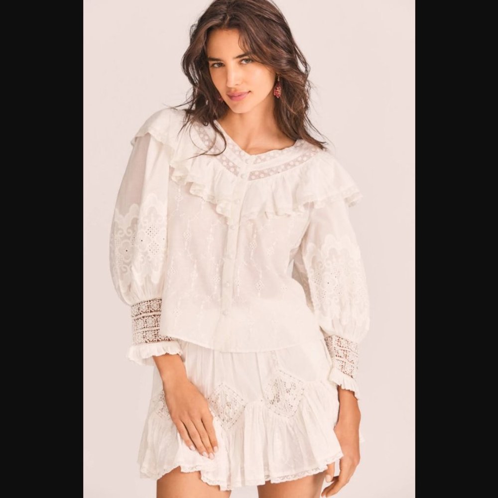 Loveshackfancy Bunnie ruffle blouse top Victorian style Cotton eyelet tr…